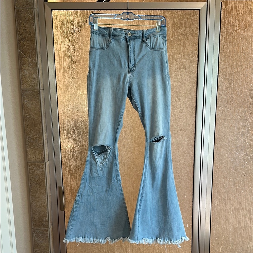 Rue21 Blue Flare Wide Leg Jeans with Knee Distressing